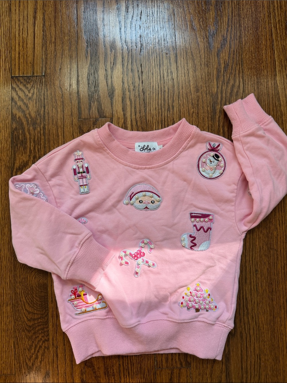 Lola + The Boys Christmas Pearl Rhinestone Holiday Sweatshirt Pink Size 2